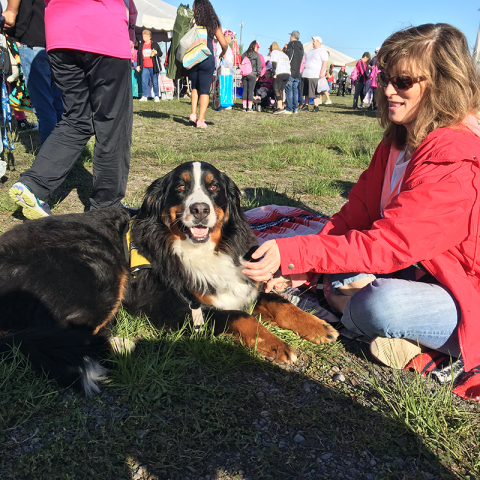 Therapy Dog Stella and owner Sue meet with participants at the Race for the Cure